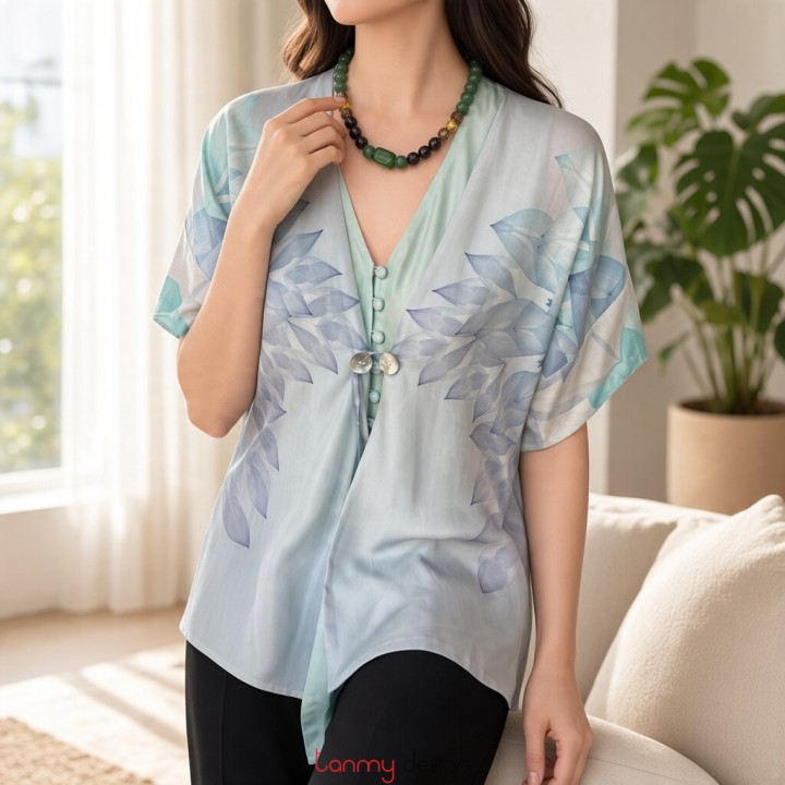 Áo Kimono dáng ngắn lụa tơ tằm sen xanh